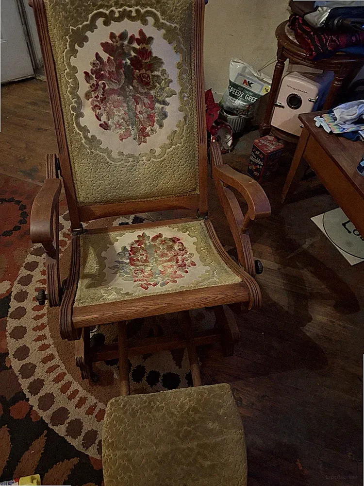 Antique Wooden platform rocker/recliner with Floral Upholstery