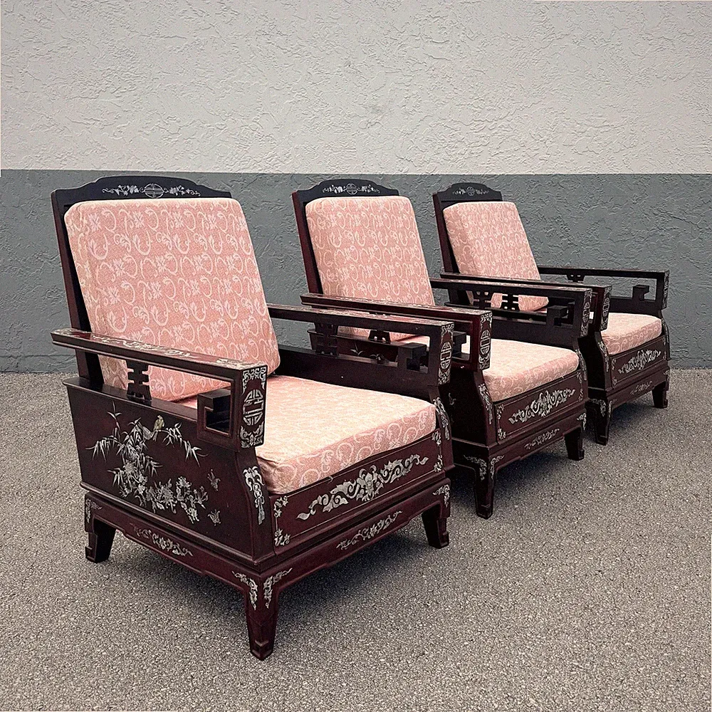 Chinese Rosewood With Mother of Pearl Inlay Lounge Chairs - Set of 3