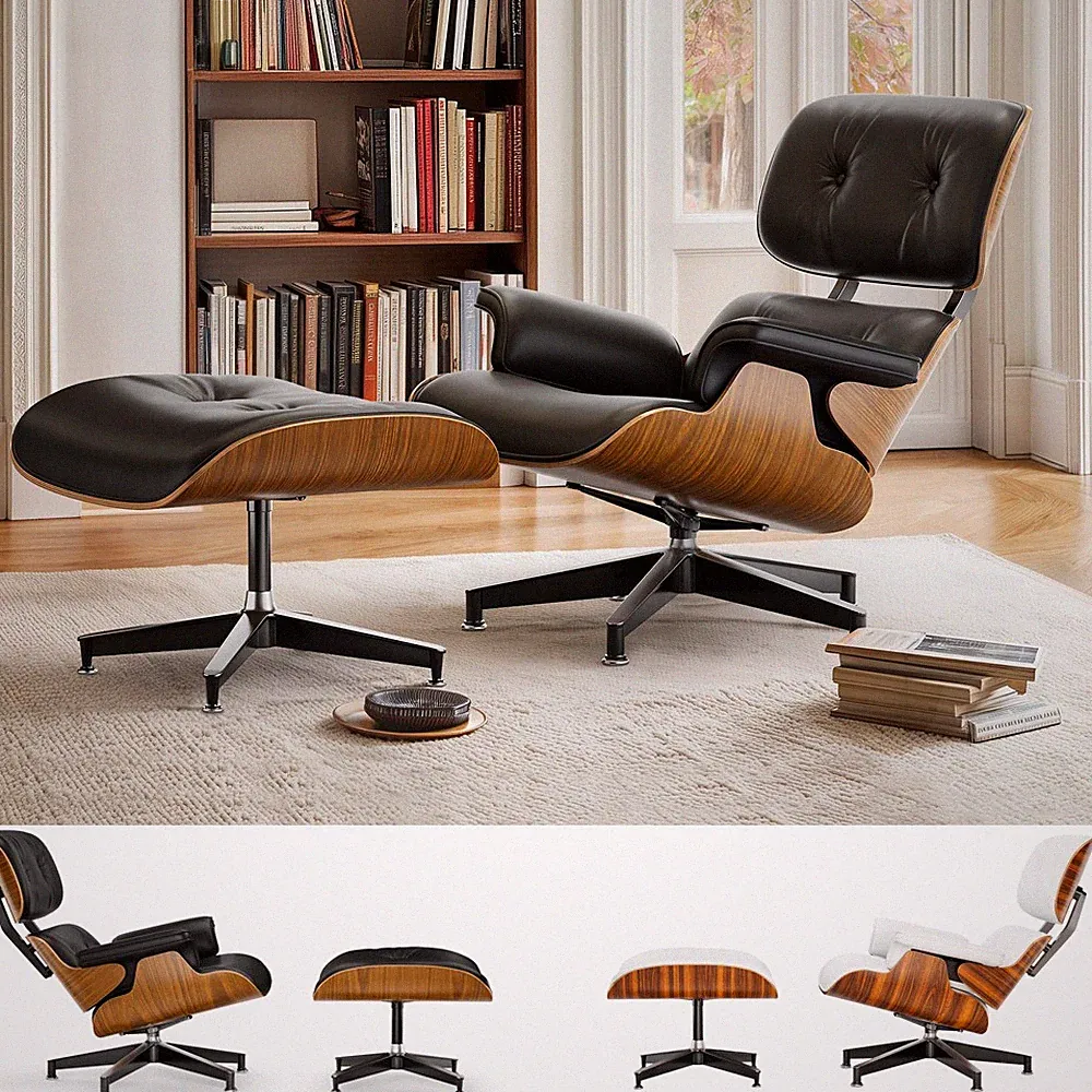 Classic Eames Lounge Chair With Ottoman Black / White Leather Armchair Club Seat