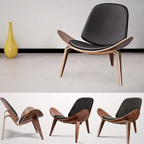 Classic Hans Wegner Shell Lounge Chair Accent Chair Full Leather Tripod Design