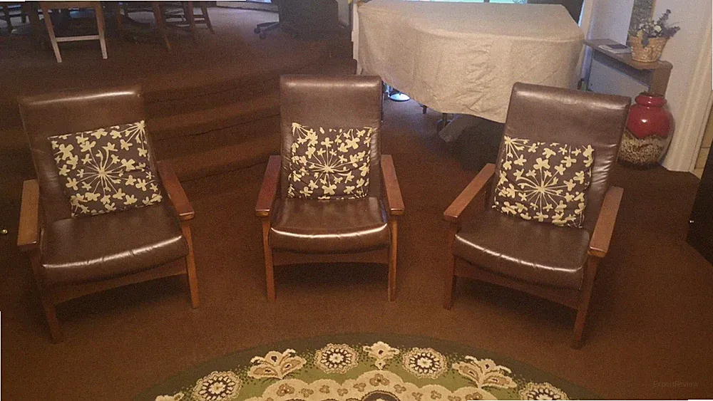 Four Vintage Reclining 1970s Brown Leatherette Armchairs - Excellent
