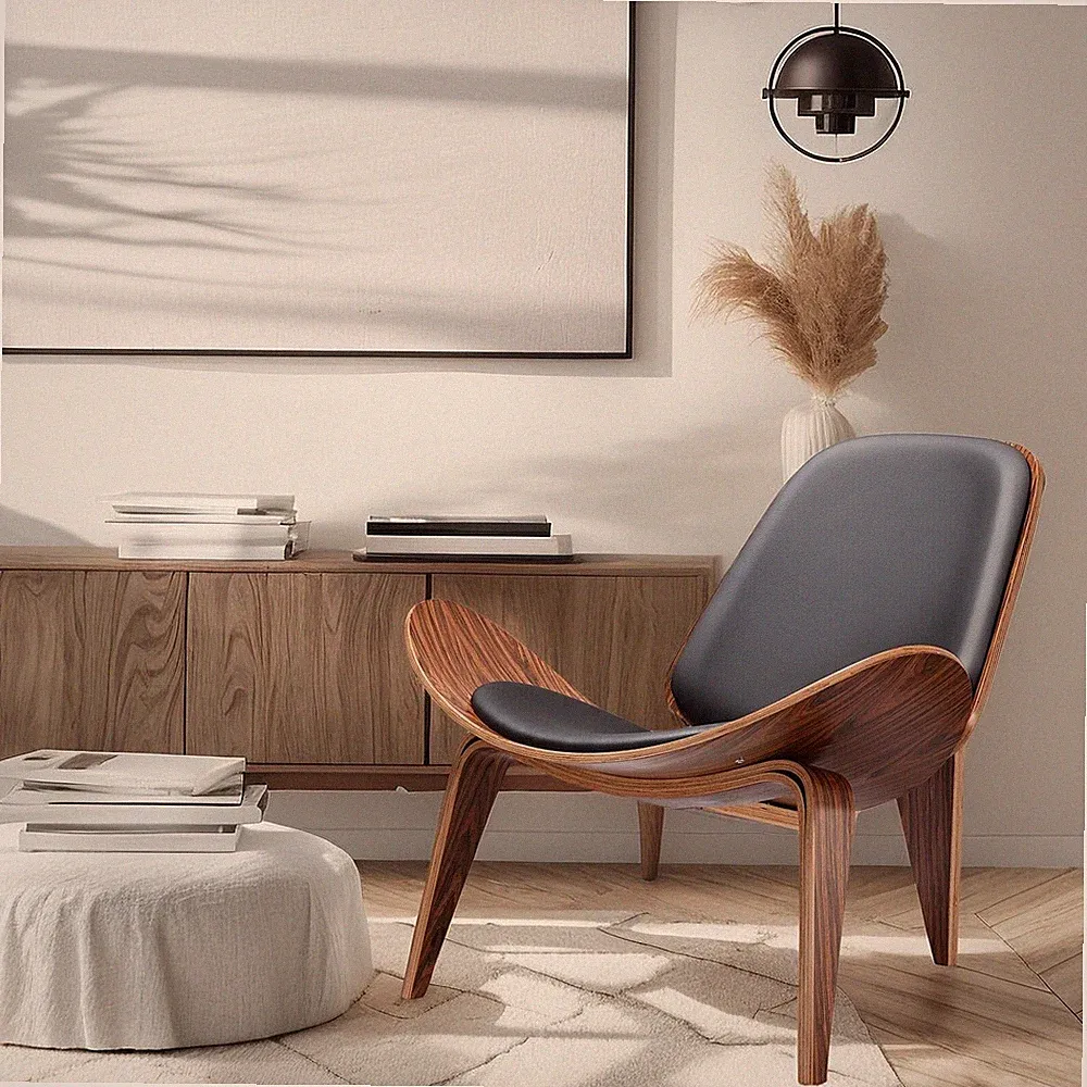 Hans Wegner Replica Lounge Shell Chair Full Leather Accent Chair- Ashtree Frame