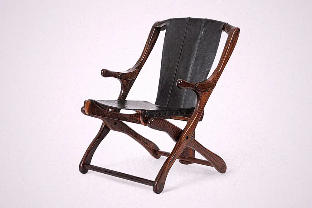 Mid Century Black Leather & Rosewood Folding Lounge Chair by Don Shoemaker