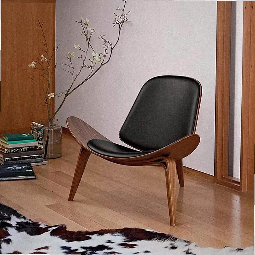 Mid-Century Modern Hans Wegner Shell Lounge Chair Full Leather Accent Bedroom