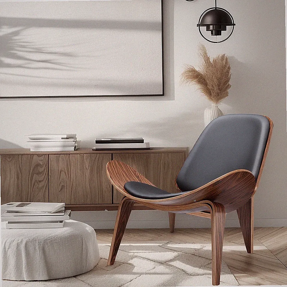 Mid-Century Modern Hans Wegner Style Shell Lounge Chair Full Leather Accent