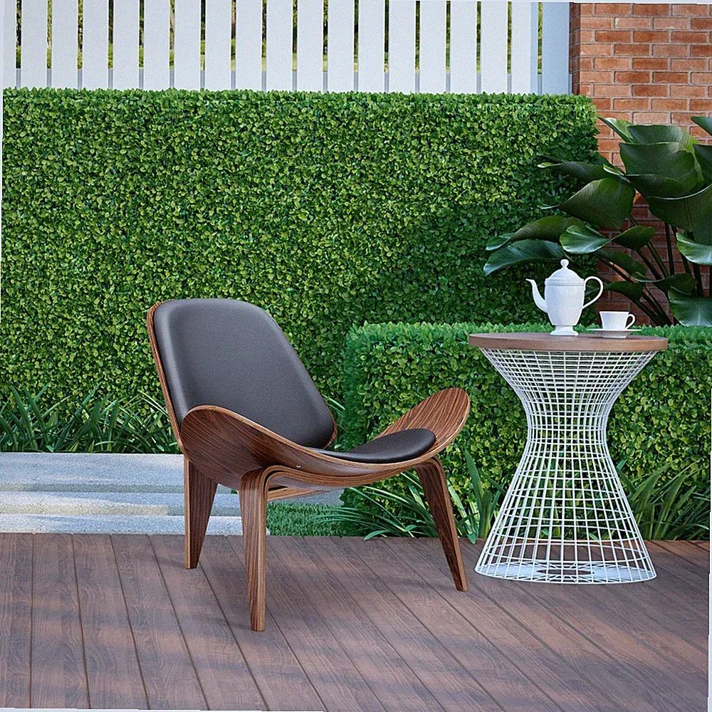 Modern Shell Chair Accent Tripod Plywood Lounge Chair Upholstered Black Leather